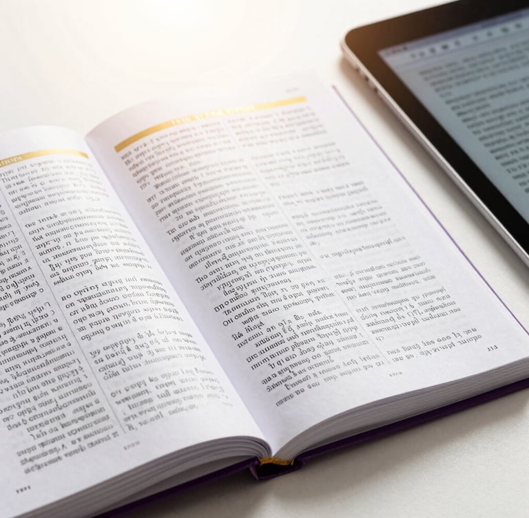 Crisp close-up of open theological study manuals and a digital tablet displaying Greek lexicons, bright high-key studio lighting, subtle gold accents on the pages.
