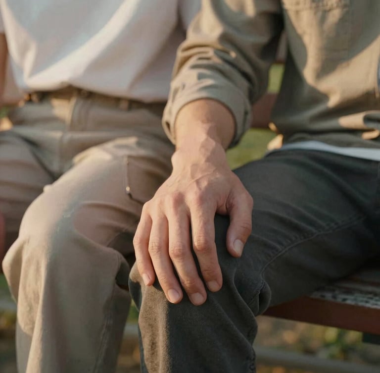 A close-up of two people in civilian clothes sitting on a wooden bench, one hand resting supportively on the other's shoulder, soft golden hour light, shallow depth of field.