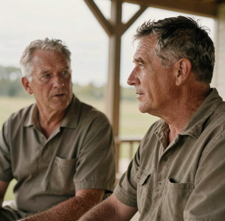 Close-up portrait of two veterans in civilian clothes talking on a wooden porch, soft natural overcast daylight, warm earthy tones, shallow depth of field