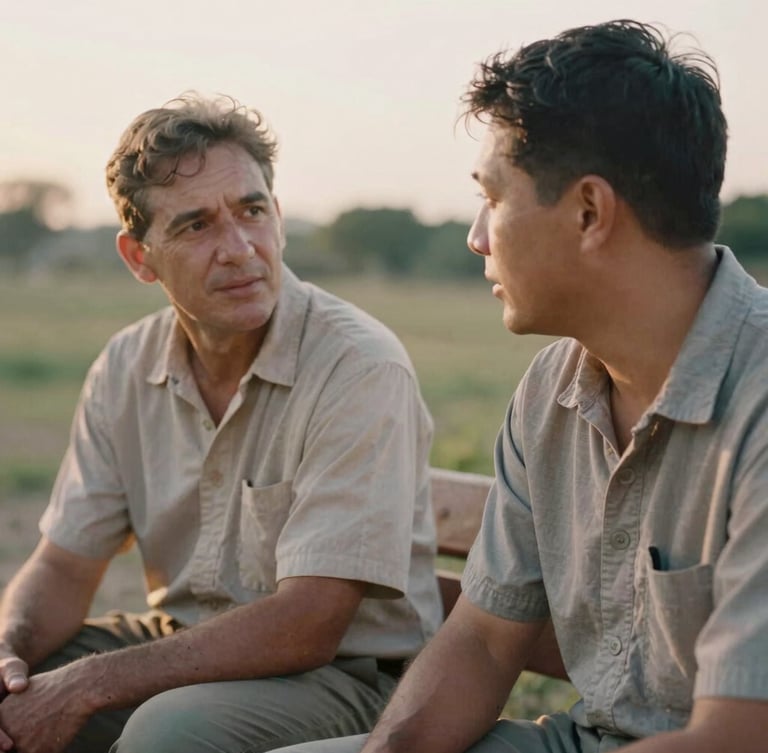 Close-up portrait of two veterans in civilian clothes sitting on a wooden bench outdoors, talking quietly during golden hour, soft focus background, warm 35mm film style.