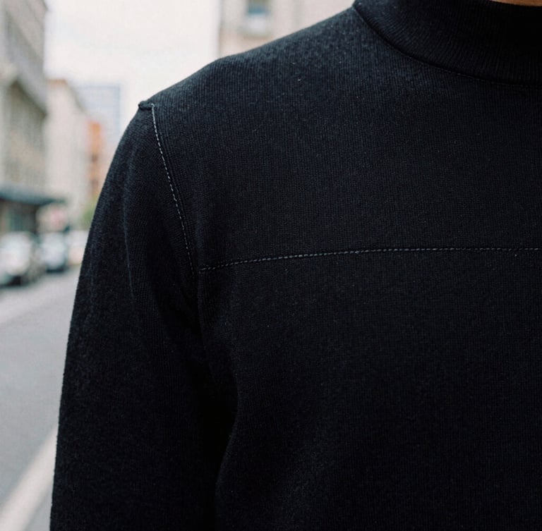 Extreme close-up of double-stitched seams on a heavy black knit fabric, soft overcast daylight, highlighting the clean structural texture, 35mm film.