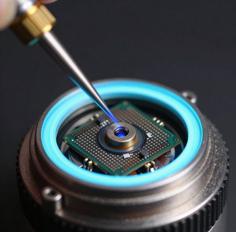 Extreme macro photograph of an ultra-miniature laser beam scanning engine, sharp cyan rim lighting on sub-millimeter silicon components, dark background