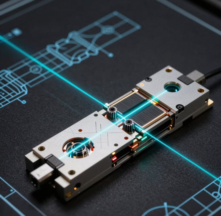 Technical CAD orthographic schematic of a sub-millimeter laser beam scanning module, crisp cyan vector lines on a deep black background, high-precision engineering blueprint.