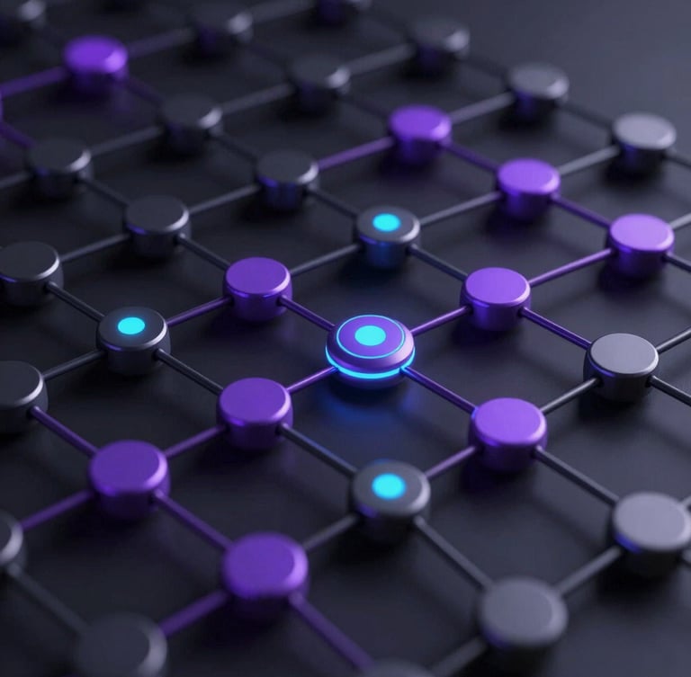 Sleek 3D render of a complex data pipeline with glowing violet and cyan nodes, ultra-sharp macro focus, moody low-key studio lighting, deep obsidian tones.