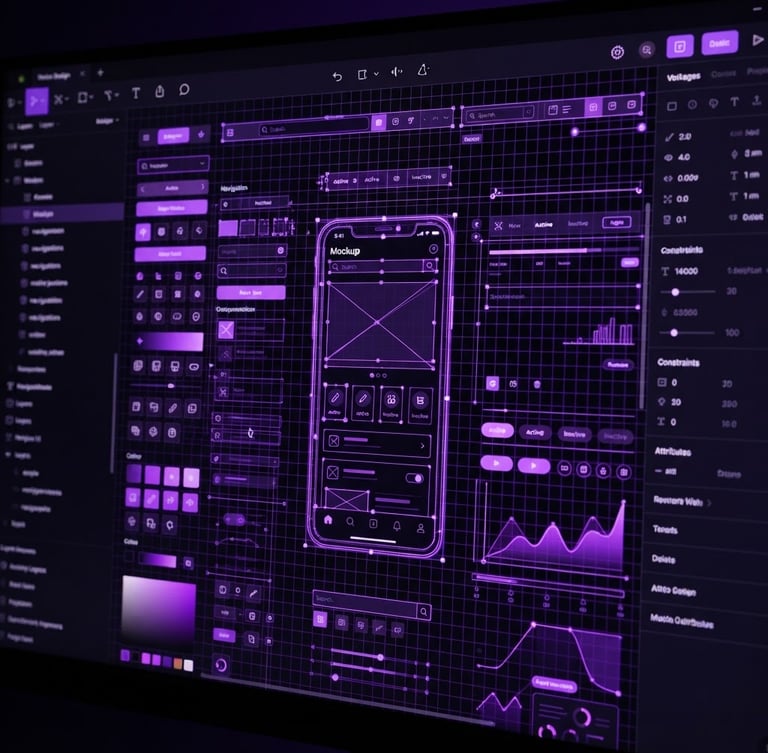 Close-up of a high-contrast digital design workspace, glowing purple interface elements on a dark screen, sharp vector grids, 16:9 crop