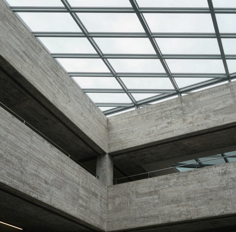 A clean, minimalist architectural detail of a concrete and glass atrium in Brussels, diffused overcast lighting, strong geometric grid lines.