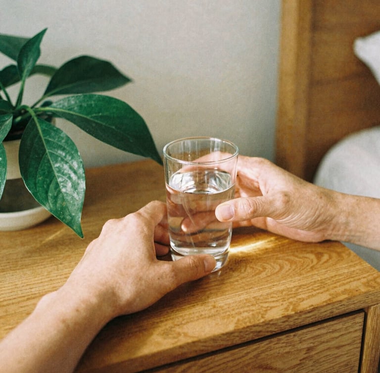 Detail of hands placing a glass of water next to a green plant on a wooden bedside table, warm morning light, soft shadows, 35mm film look.