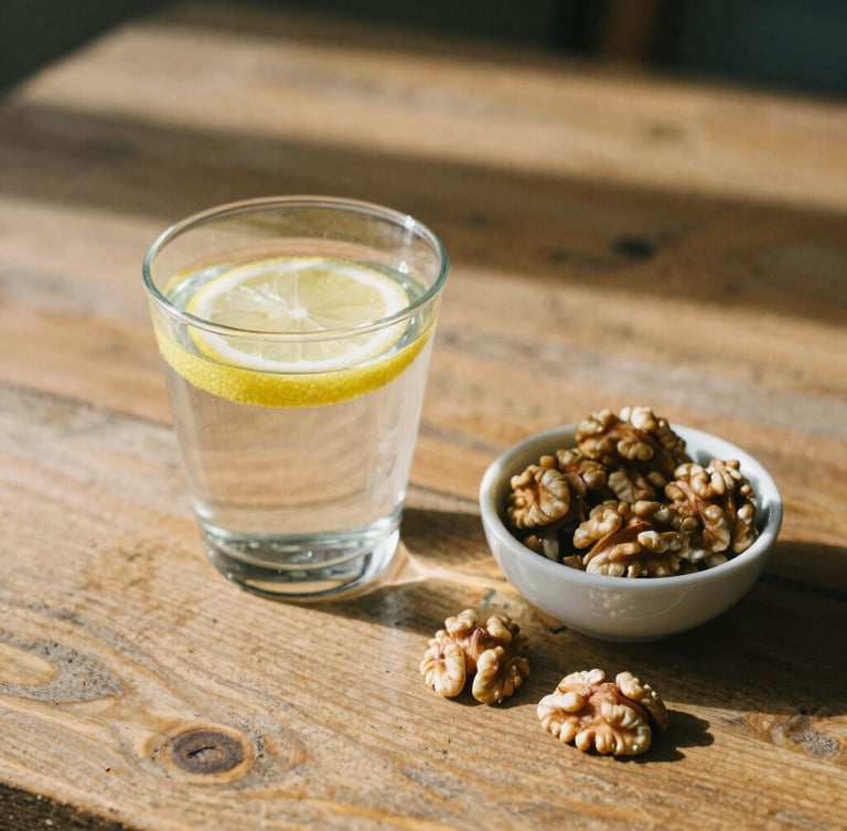 A glass of water with fresh lemon slices next to a small bowl of walnuts on a rustic wooden table, soft morning sun casting long shadows, warm editorial photography