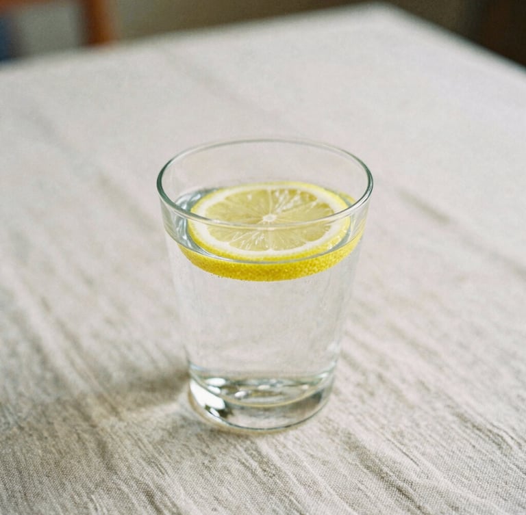 Medium shot of a glass of clean water with a lemon slice on an organic linen tablecloth, soft morning light, shallow depth of field
