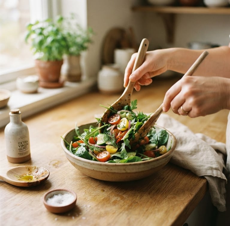 Hands preparing a vibrant salad with fresh greens, cherry tomatoes, and olive oil on an oat-colored kitchen counter, soft morning light, warm editorial style, 35mm film look