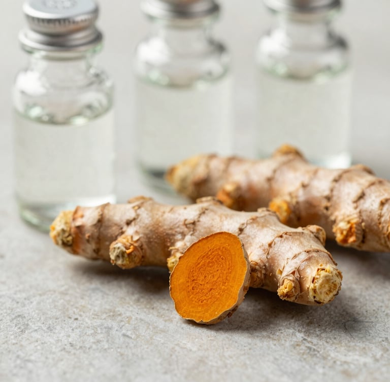 Macro shot of raw whole turmeric root and clean glass apothecary jars on a sterile stone surface, soft diffused daylight, shallow depth of field.