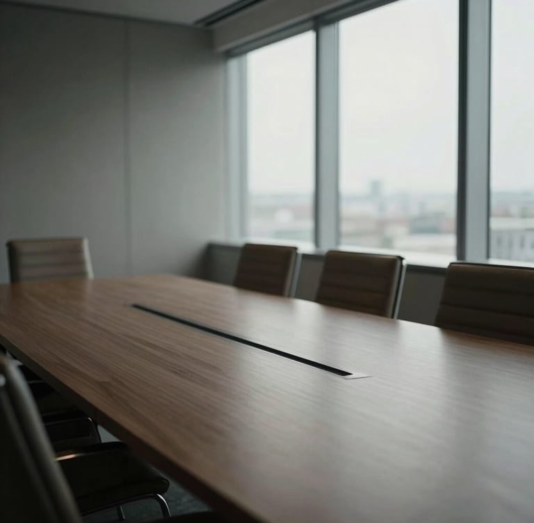 Muted editorial B2B photography, architectural crop of a modern boardroom table and leather chairs, directional window light, low color saturation, 35mm.