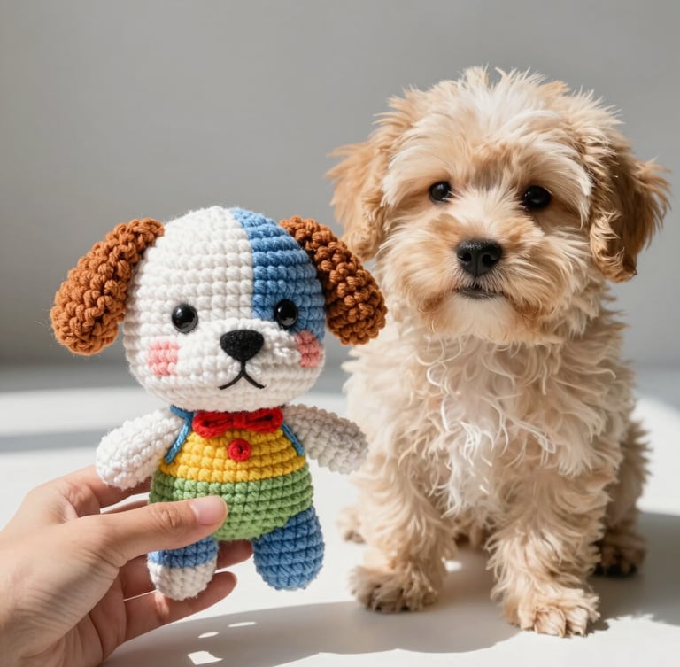 Vibrant editorial photography of a hand holding a custom crocheted amigurumi dog next to a real fluffy puppy, bright natural daylight, colorful yarn textures, soft shadows, shallow depth of field, 35mm