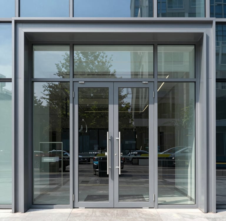 Sharp architectural photo of a modern glass commercial entrance with clean slate gray framing, bright daylight, 35mm