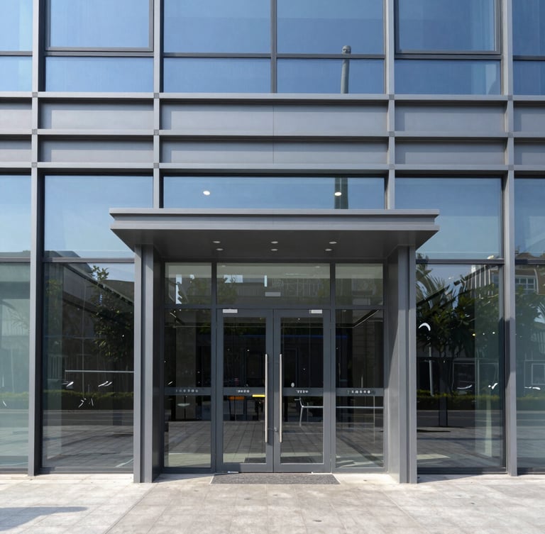 Sharp architectural photography of a modern commercial glass entrance, bright clean daylight, cool blue and slate gray tones, high-contrast detail, 35mm