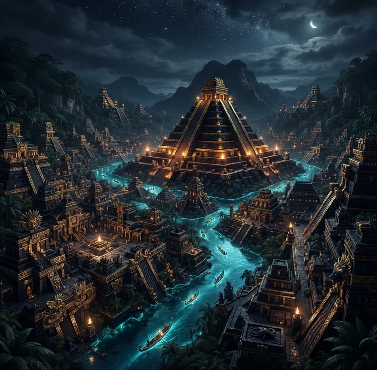 Wide panoramic shot of an ancient Mesoamerican city built from obsidian and gold, glowing bioluminescent rivers, dramatic low-key lighting, cinematic concept art
