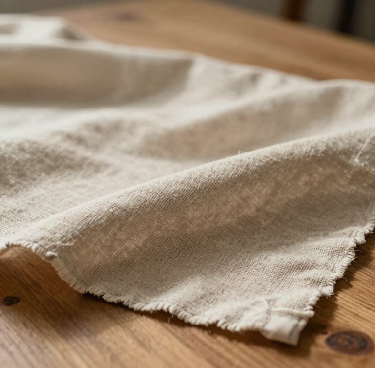 Macro close-up of heavy linen-blend fabric on a wooden table, soft-focus studio daylight casting gentle shadows, warm beige tones.