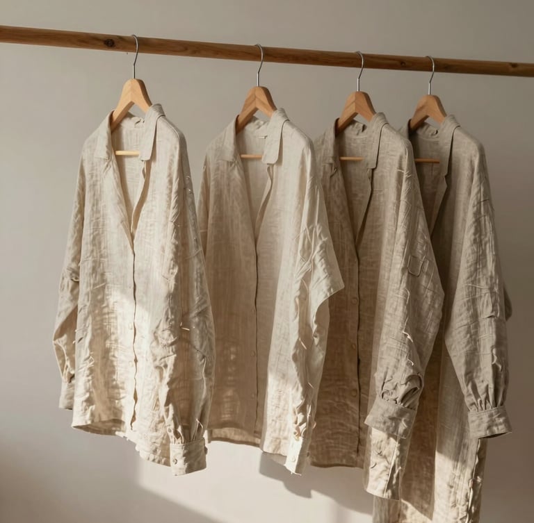 Minimalist linen garments hanging on raw wooden dowels in a sunlit studio, soft diffused daylight casting gentle shadows, warm neutral tones