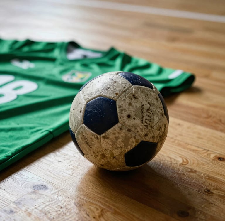 Dynamic close-up of a vintage handball leather ball resting on a wooden gym floor, green and white team jersey folded nearby, soft dramatic window light, high-contrast athletic editorial