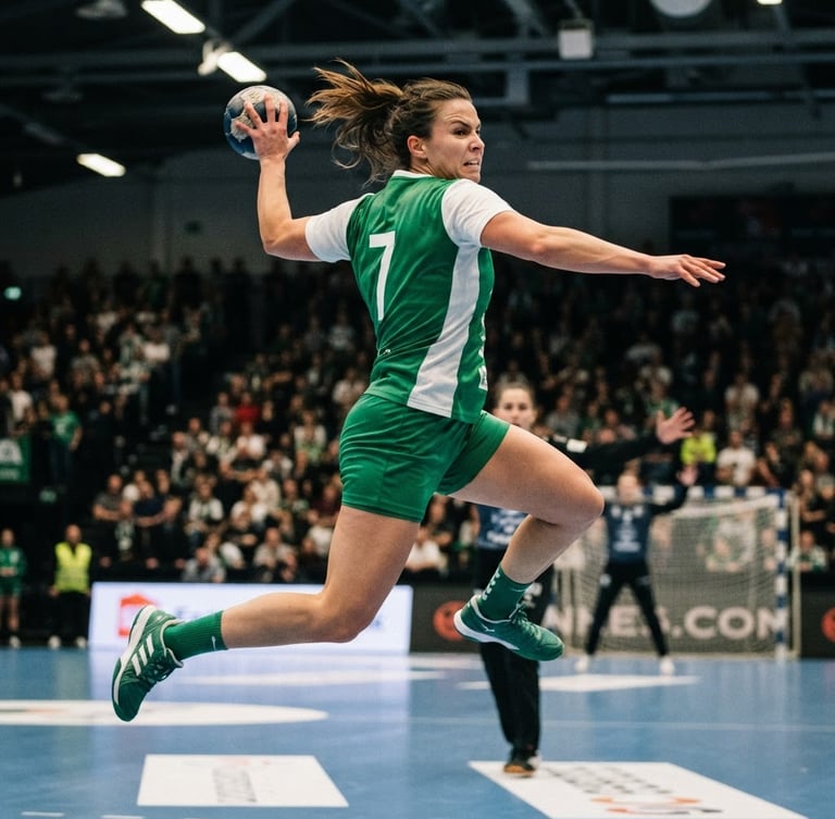 Dynamic close-up of a handball player in a green and white jersey leaping to shoot, intense focus, high-contrast indoor sports hall lighting, 35mm