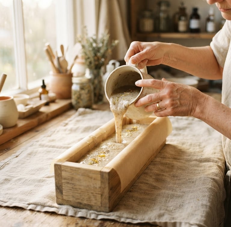 Hands gently pouring artisanal soap into a wooden mold in a sun-drenched workshop, soft focus on the texture of the liquid soap, raw linen background, warm editorial photography, soft sun-drenched natural light, macro texture, shallow depth of field, 35mm