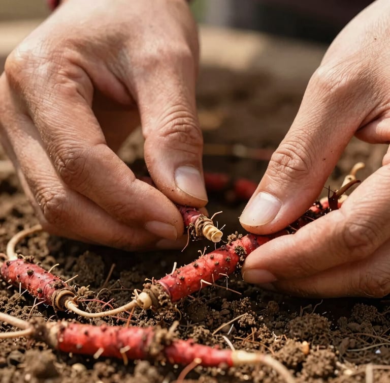 Close-up of hands carefully harvesting vibrant red Manjistha roots from rich soil, sun-drenched natural light, macro texture, shallow depth of field, 35mm.