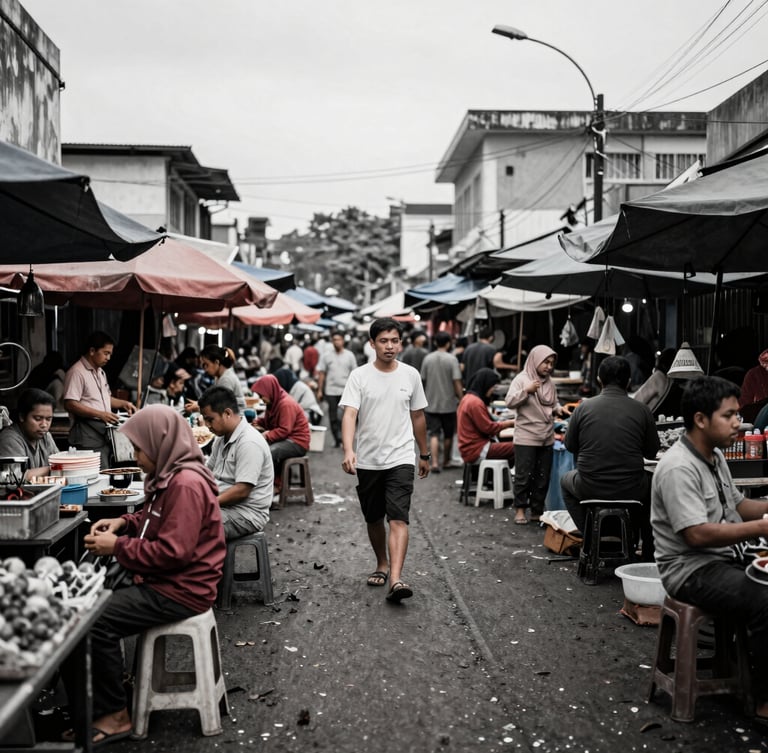 Wide environmental photojournalism shot of a busy urban Indonesian street market, natural ambient light, high-contrast desaturated tones, 35mm documentary style, capturing real human interactions.