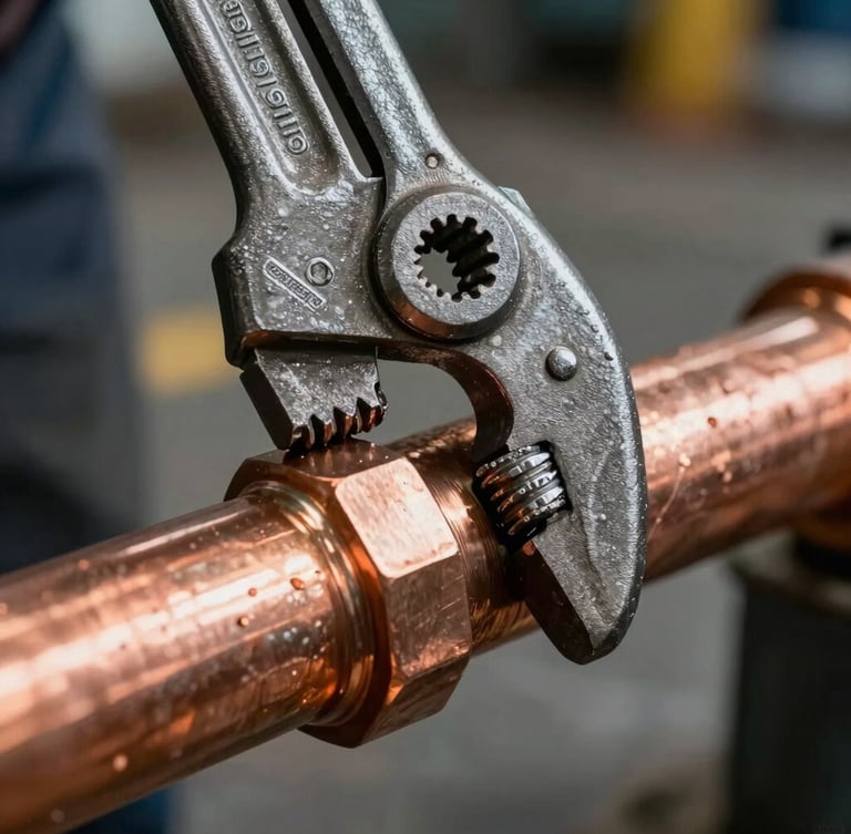 Tight macro close-up of a heavy-duty steel pipe wrench gripping a thick copper pipe fitting under bright work-light, industrial setting.