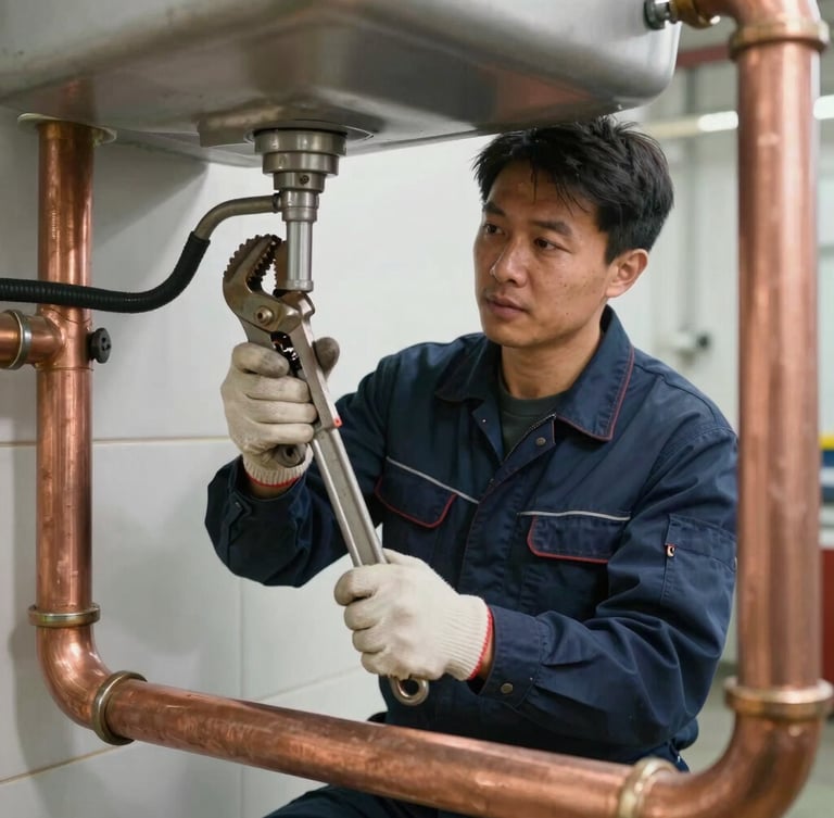A professional plumber in a navy uniform using a pipe wrench on heavy copper pipes under a commercial sink, bright focused work light, industrial setting.