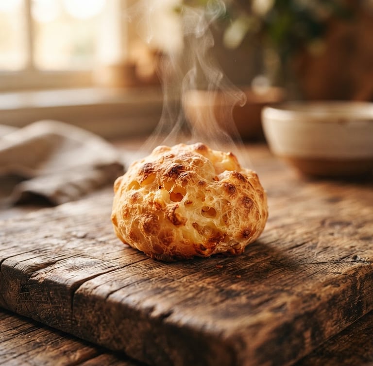Close-up macro shot of a golden-brown Brazilian cheese bread steaming on a rustic wooden board, warm side window light, rich saturated tones.