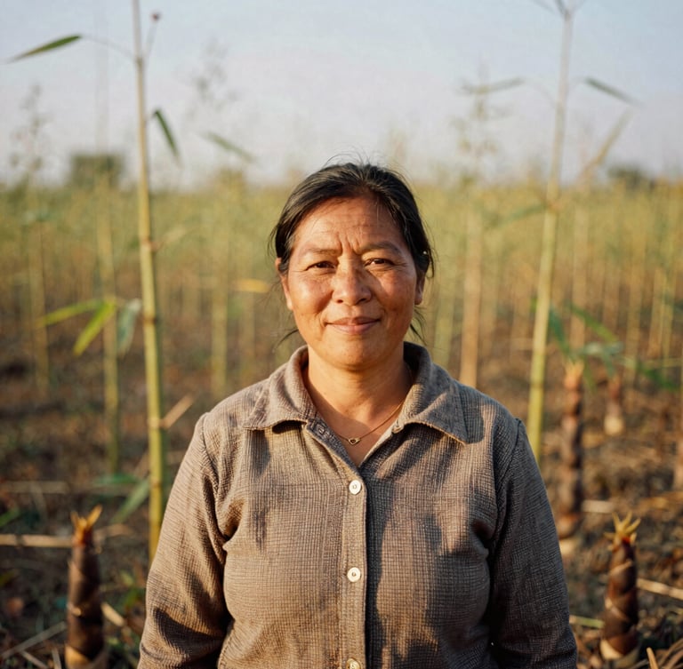Candid eye-level portrait of a local community coordinator, a woman in her 40s, smiling warmly, wearing a simple woven shirt, standing in a field with young bamboo shoots in the background, natural warm golden-hour daylight, rich organic earth tones, shallow depth of field, 35mm film style.