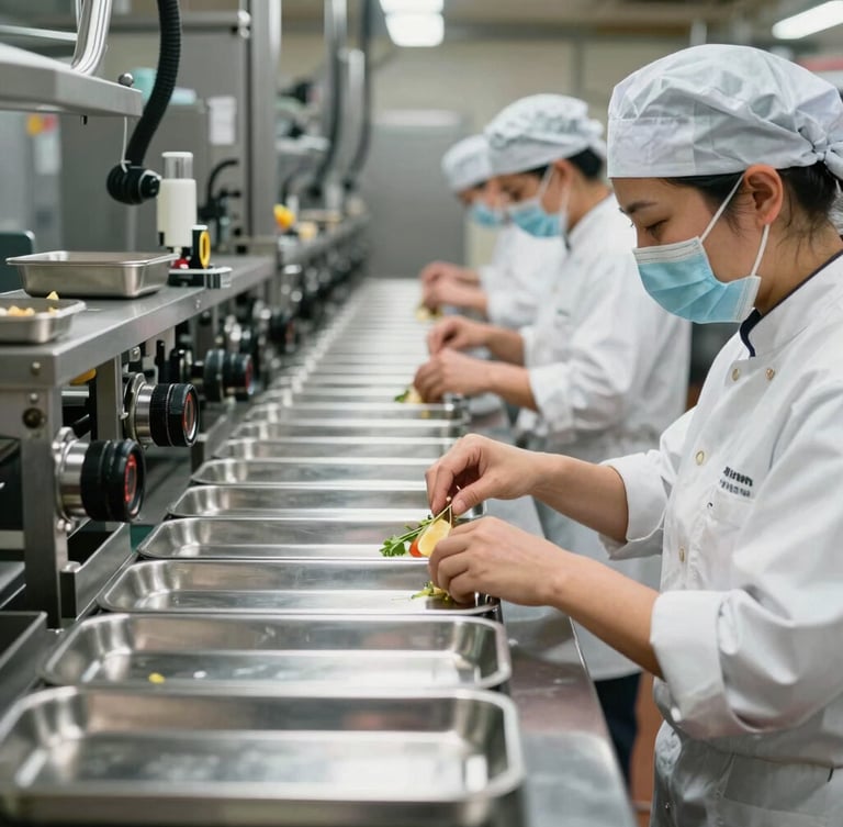 Vista lateral en perspectiva de una línea de ensamblaje de alimentos en una cocina industrial impecable, personal con cofias y tapabocas, bandejas metálicas alineadas con precisión.