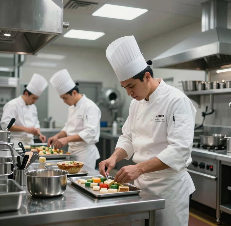 Amplia cocina industrial de alta tecnología con personal culinario profesional usando uniformes blancos impecables y equipo de protección completo, iluminación arquitectónica brillante y superficies de acero inoxidable.