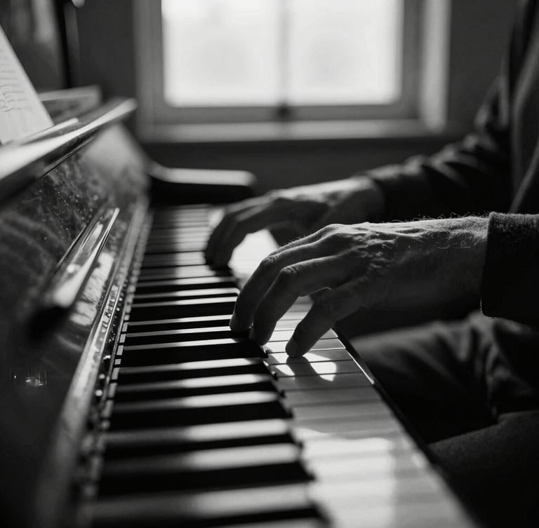 Moody close-up of a composer's hands resting on ivory piano keys in a dimly lit studio, soft chiaroscuro window light, desaturated monochrome tones
