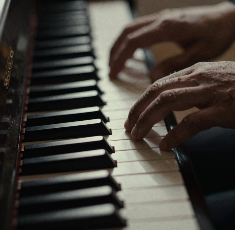 Macro close-up of hands resting on ivory piano keys, high-contrast chiaroscuro lighting, deep shadows, desaturated monochrome tones, 35mm film grain.