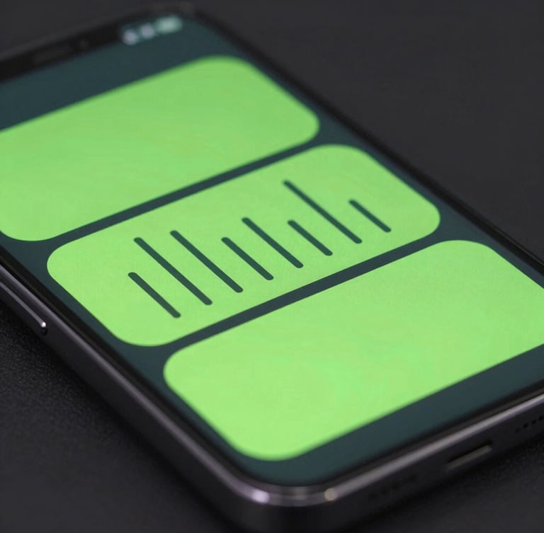 Extreme close-up of a dark Android device mockup displaying an interactive neon green widget. Crisp vector lines glow softly against a deep charcoal interface in a dark studio setting.