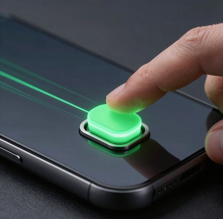 Macro shot of a thumb interacting with a glowing electric green toggle switch on a dark smartphone screen, sharp vector lines, dark studio lighting