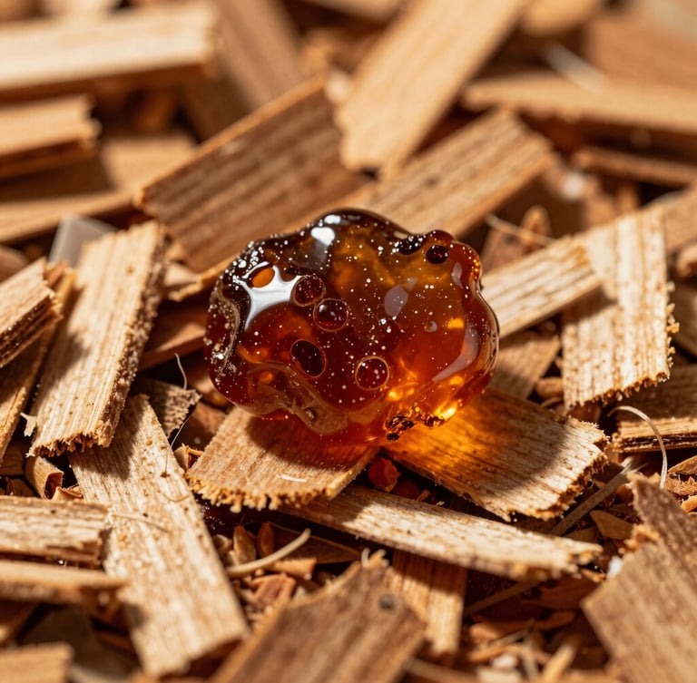 Macro shot of rich amber resin and dry cedar wood chips, warm directional golden hour lighting, sharp luxurious shadows, editorial perfumery photography