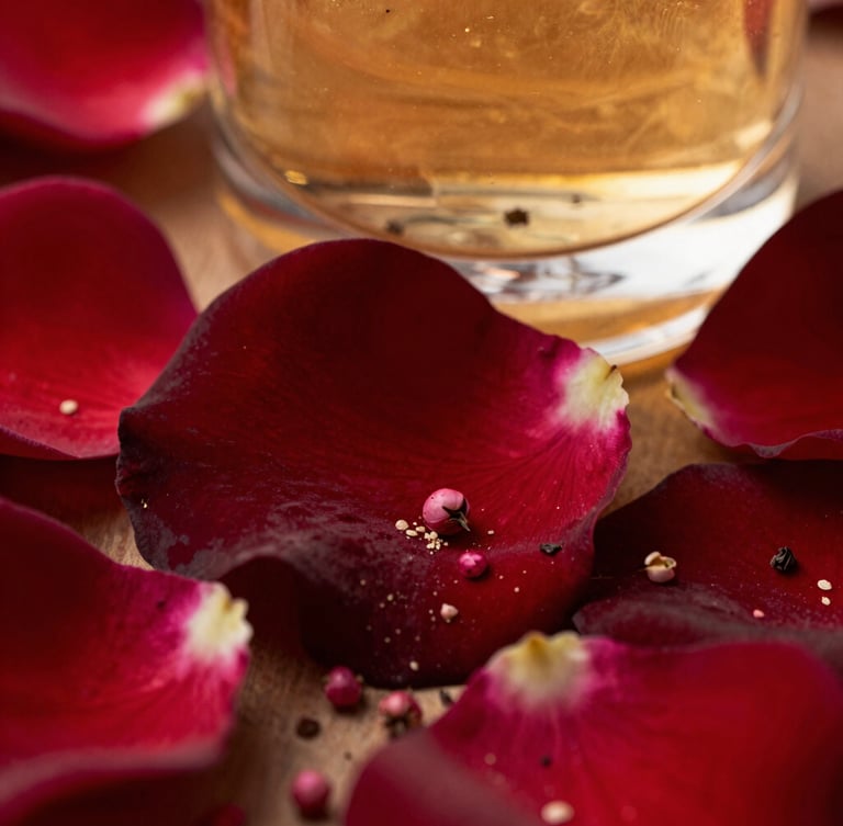 Close-up macro of velvety dark red rose petals and crushed pink peppercorns, sharp glass reflections in the background, warm golden hour glow, deep contrast