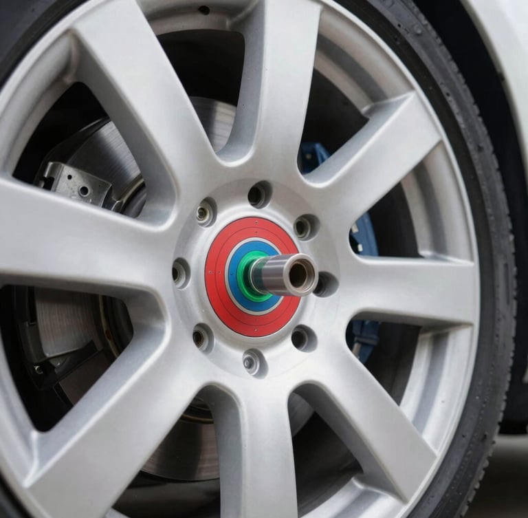Macro close-up of a laser alignment target mounted on a clean vehicle wheel inside a brightly lit, professional diagnostic bay.