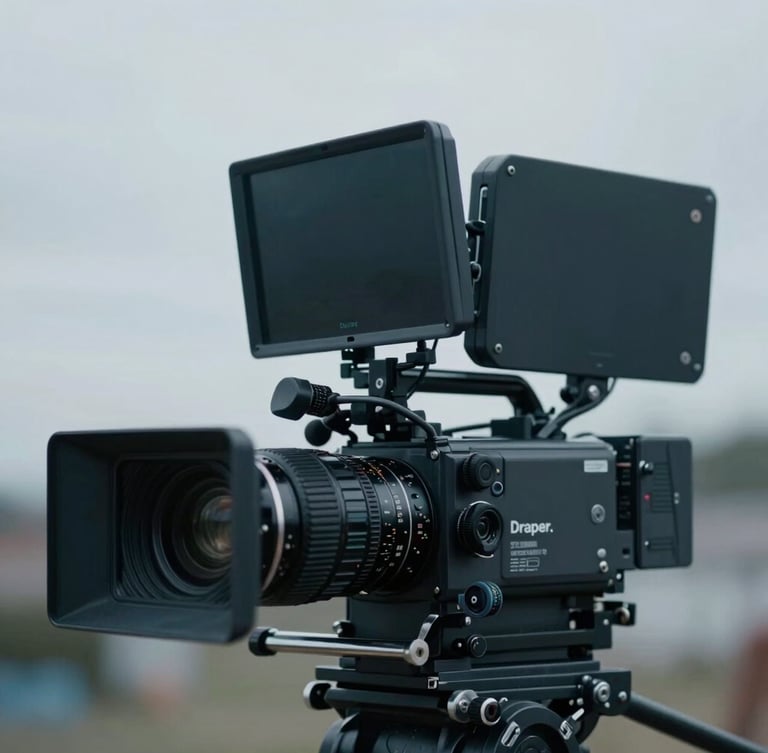 Close-up of a high-end cinema camera rig on an overcast day in Draper, shallow depth of field, cool low-saturation blue tones, cinematic 35mm composition.