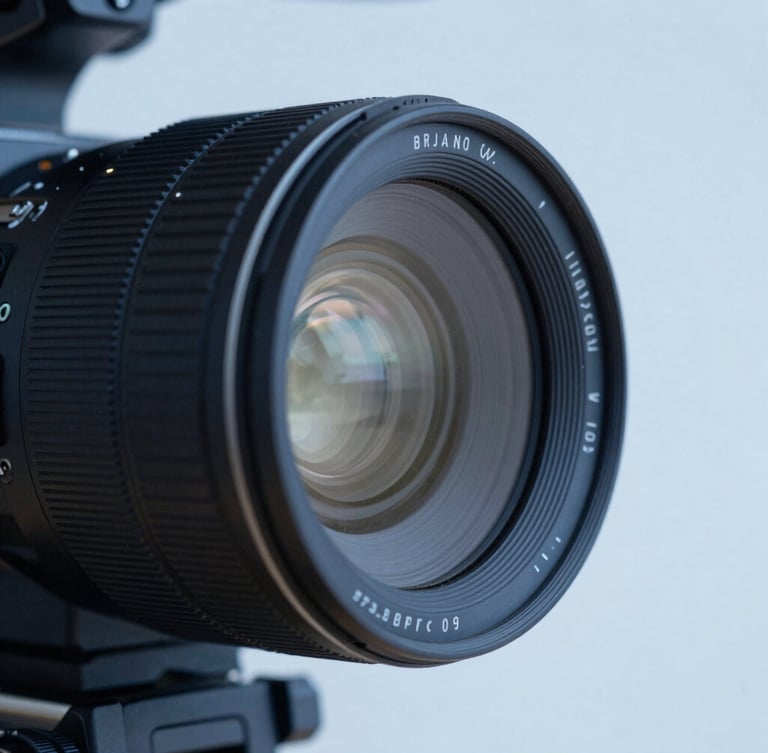 Extreme close-up of a high-end cinema camera lens reflecting soft overcast daylight in a minimalist studio, low-saturation blue tones.