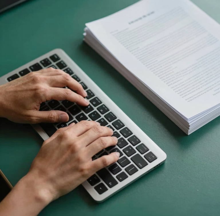 Top-down view of hands typing on a slim keyboard next to a neat stack of documents, warm side lighting, clean workspace aesthetic, green and blue accents.