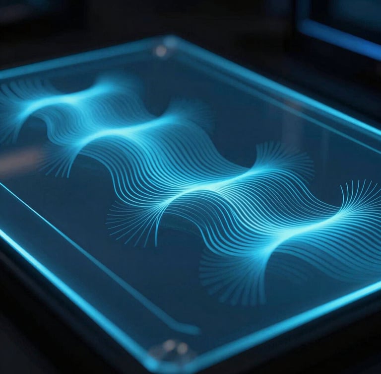 Macro shot of physical interactive surface, a glowing glass screen with abstract vector haptic wave patterns, moody low-light studio setting, electric blue neon backlighting.