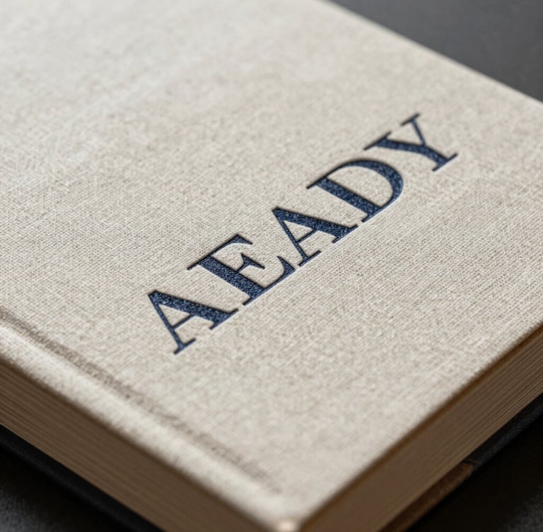 Macro shot of a physical debossed linen brand book with sharp technical typography, soft side shadows.