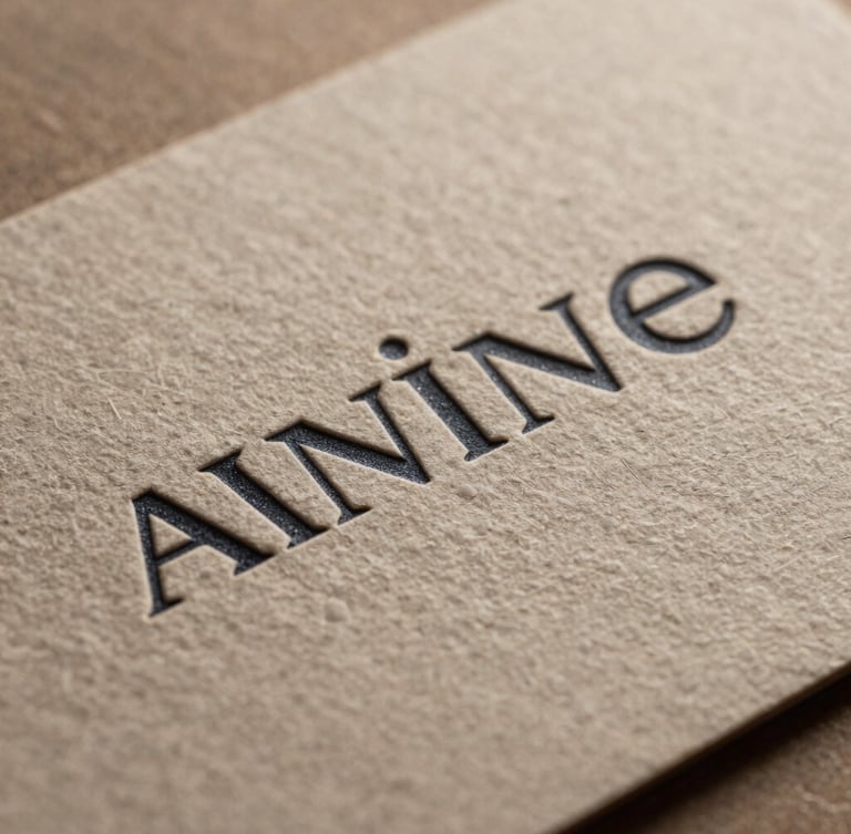 Extreme close-up macro shot of a debossed business card on textured warm taupe paper, soft natural side-lighting casting gentle shadows, showing sharp technical typography.