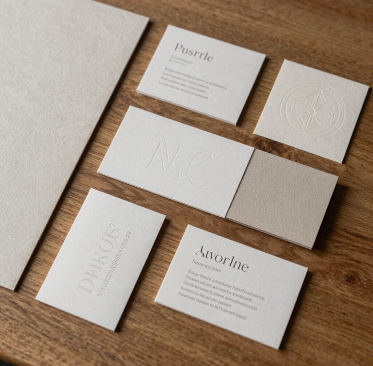 Overhead flat-lay of textured paper swatches, debossed business cards, and custom typography specimens on a warm oak studio table, soft directional side-lighting casting gentle shadows.