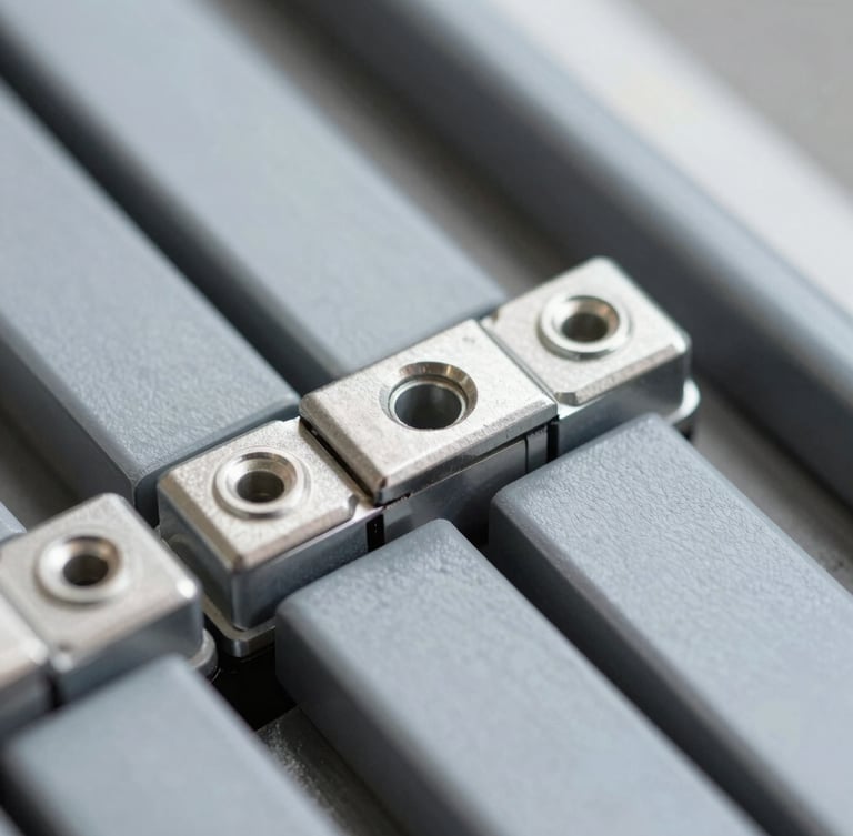 Extreme close-up macro shot of modular plastic conveyor belt hinges, cool crisp daylight, sharp focus on mechanical joints, steel gray tones.