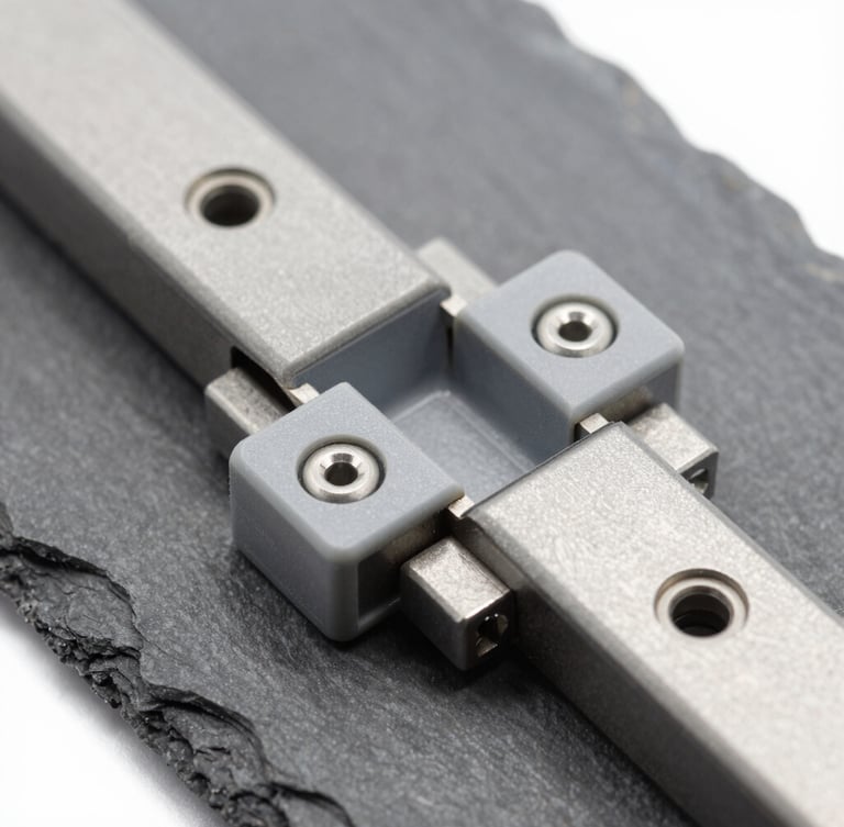 Close-up macro shot of modular plastic conveyor belt hinges, cool crisp studio lighting, slate gray and steel tones, sharp mechanical details