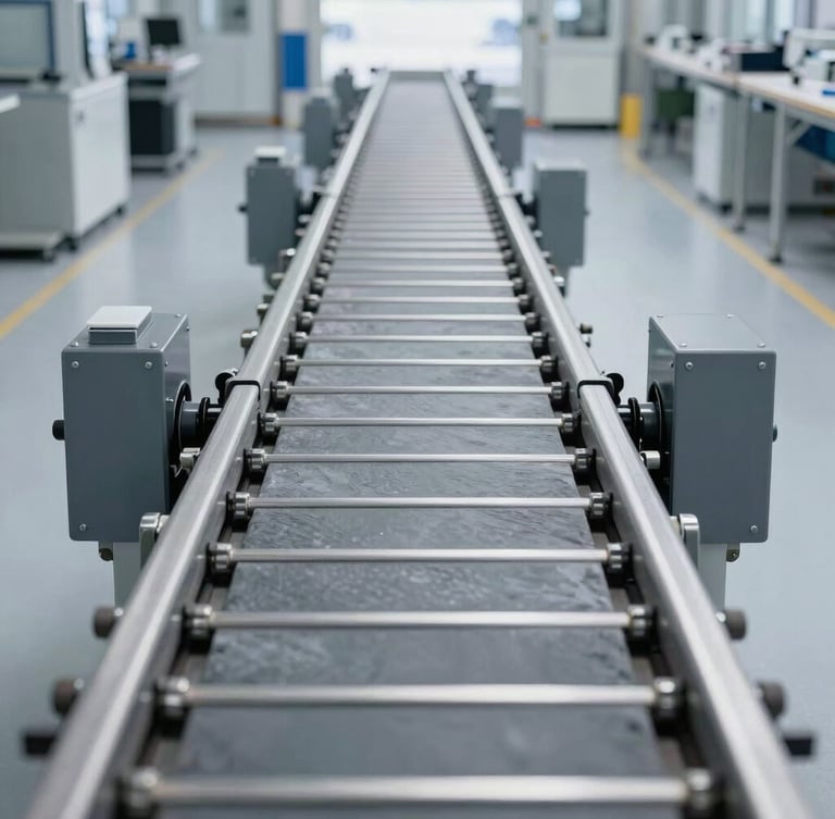Straight-on architectural shot of a clean automotive testing facility, cool daylight, steel conveyor tracks visible, slate gray tones, sharp focus, 50mm